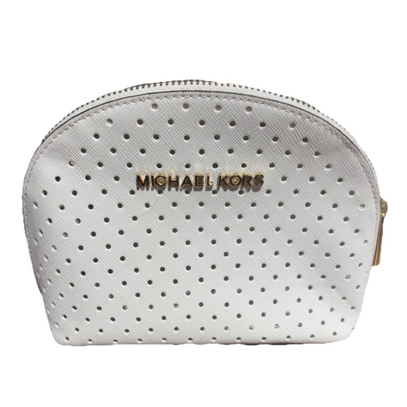 Michael Kors White Dome Zip Cosmetic Pouch Travel Clutch - Picture 1 of 7